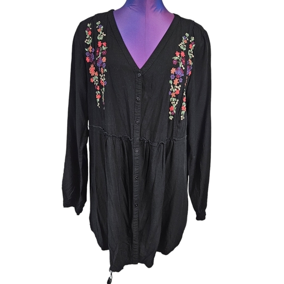 Fresco Nomadic Traders Black Floral Embroidered Peasant Top Size Large Women A98 - Picture 1 of 8